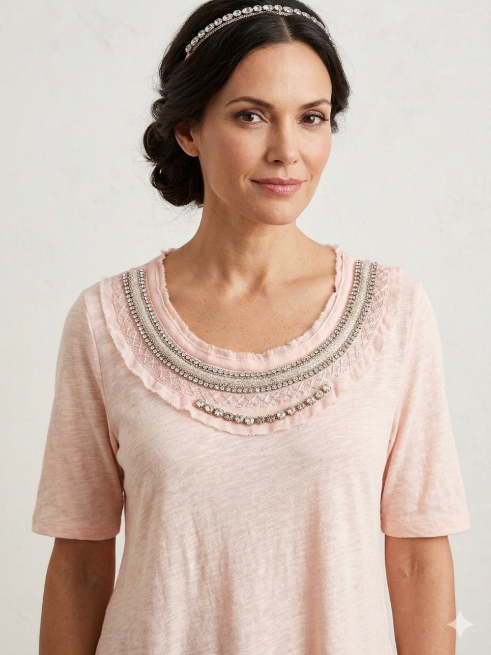 Anthropologie Deletta Pale Blush Pink Bejeweled Neckline Embellished Tee S